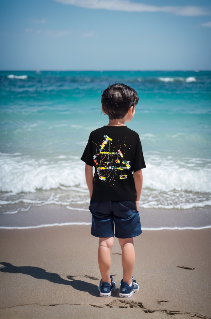 AI着用イメージ - 男の子がビーチでグラフィックTシャツとネイビーショーツを着用
