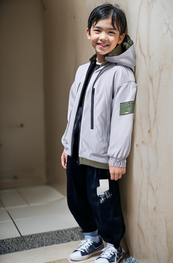 AI着用イメージ - 男の子がライトグレーのフードジャケットと黒いパンツを着用