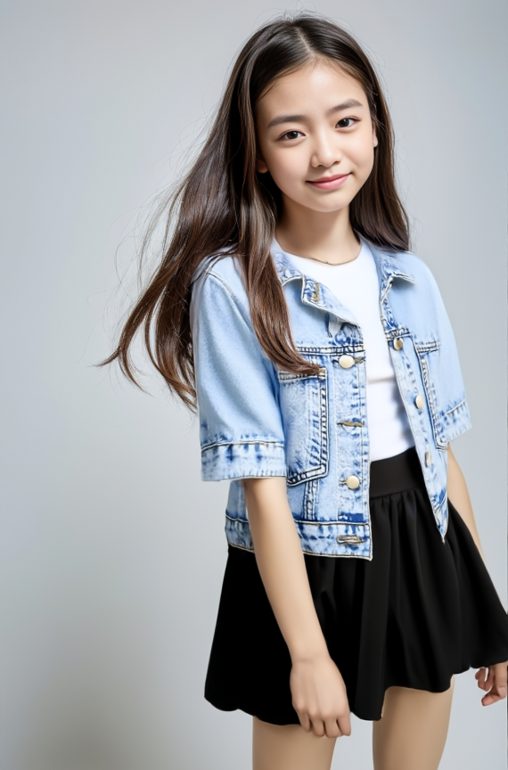 AI着用イメージ - 女の子がライトブルーのデニムジャケットと黒いスカートを着用