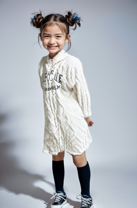 AI着用イメージ - 女の子がケーブル編みの白いニットワンピースと黒いハイソックスを着用