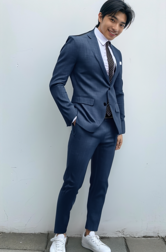 AI着用イメージ - 男性モデルがネイビースーツと白いシャツ、ストライプネクタイを着用