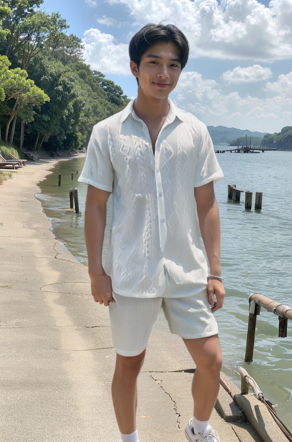 AI着用イメージ - 男性モデルが白い半袖シャツと白いショートパンツを着用