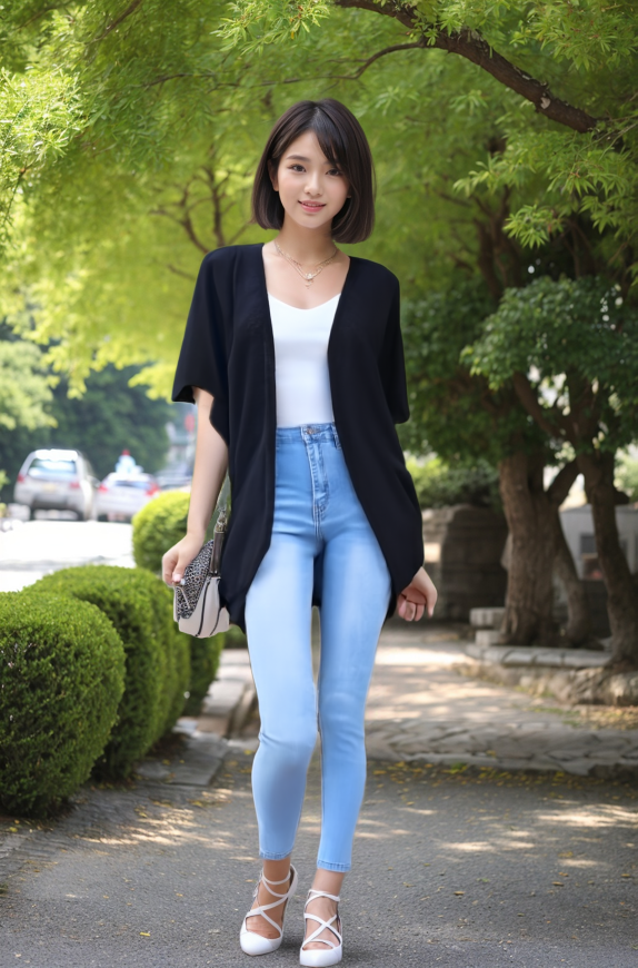 AI着用イメージ - 女性モデルが黒いカーディガン、白いトップス、ライトブルーのハイウエストジーンズを着用